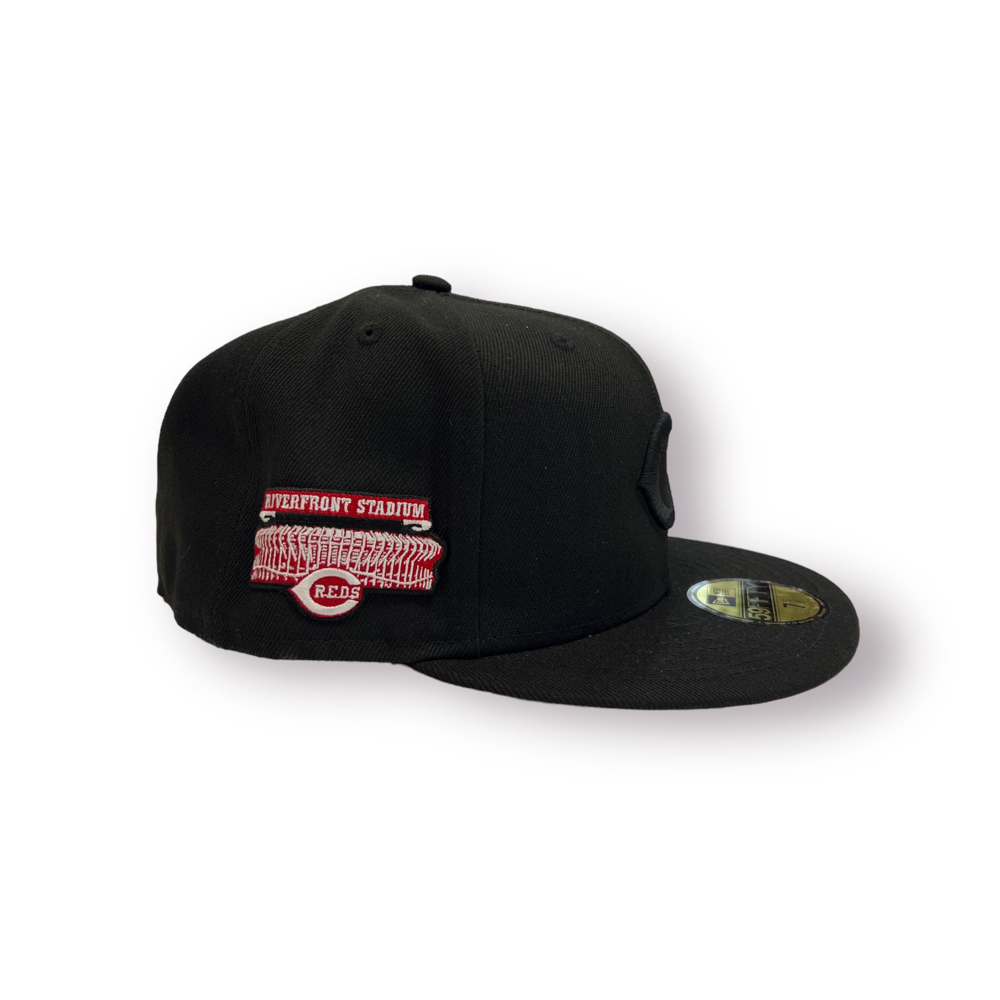 New Era 59FIFTY Cincinnati Reds Riverfront Stadium Patch Hat - Black, Black Black on Black / 7 5/8