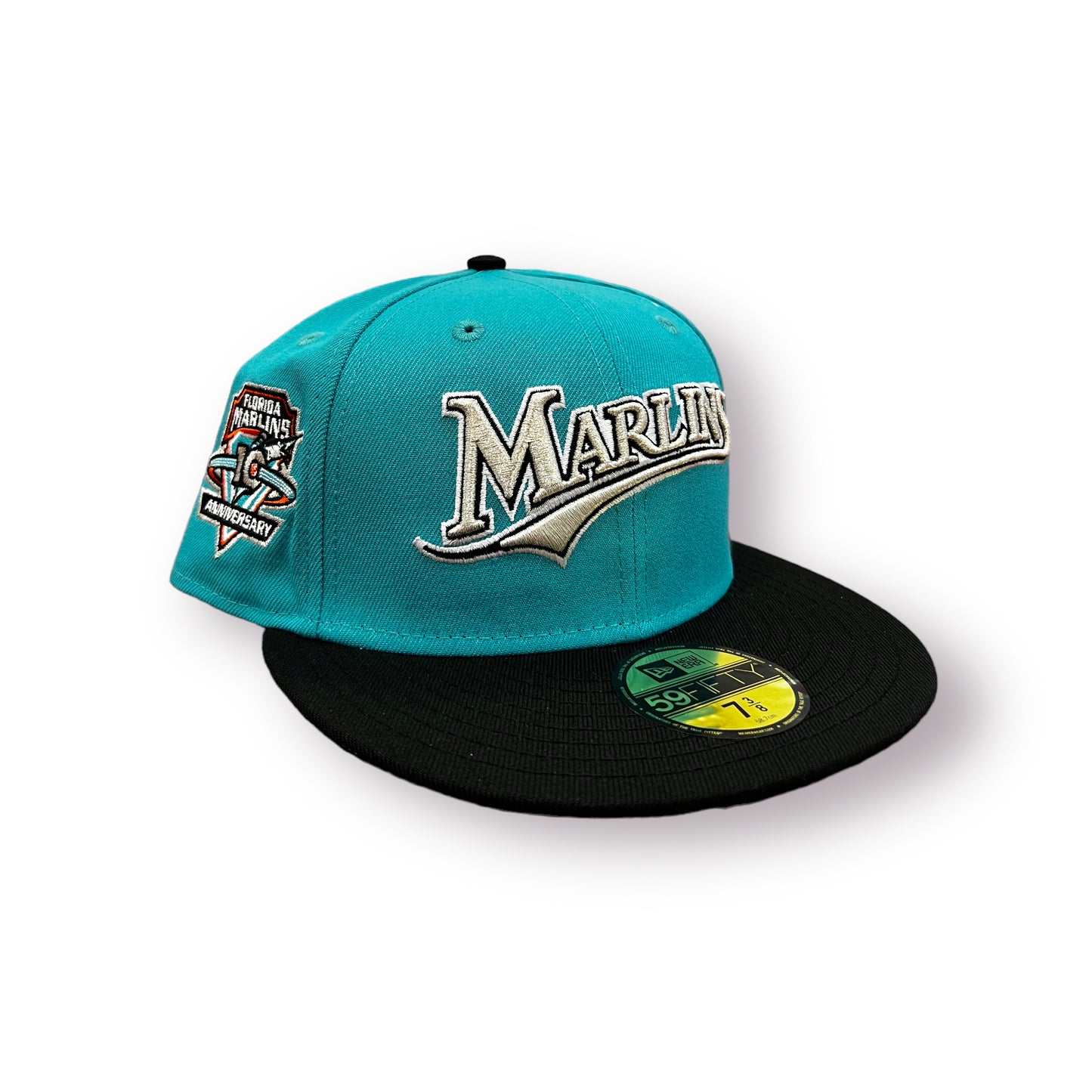 New Era 59FIFTY Miami Marlins 10th Anniversary Patch Jersey Hat- Teal, Black Teal/Black / 7 3/8